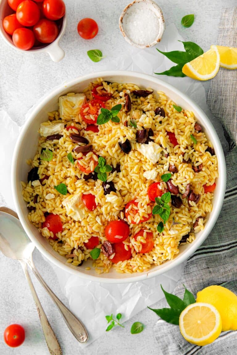 Lemon Orzo Salad in a large white serving bowl.
