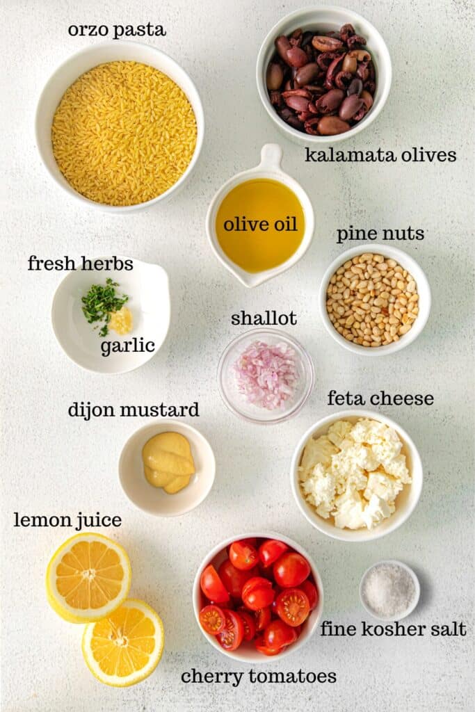 Ingredients for lemon orzo salad recipe.