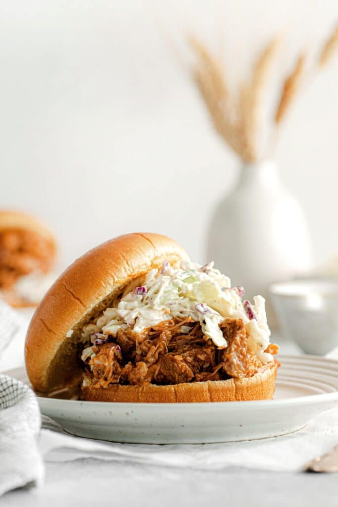 Pulled pork sandwich with coleslaw.
