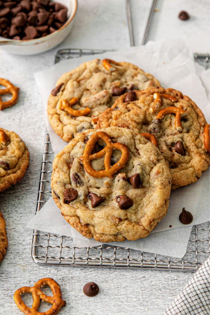 Everything but the kitchen sink cookies loaded with chocolate chips, toffee and pretzels.
