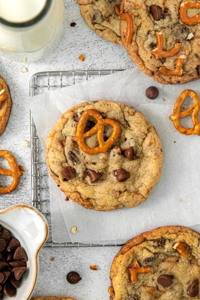 Garbage cookies (Panera kitchen sink cookies) with additional pretzel and chocolate chip add-ins pressed on top.
