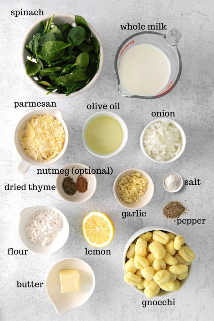 Ingredients for creamy parmesan spinach gnocchi.