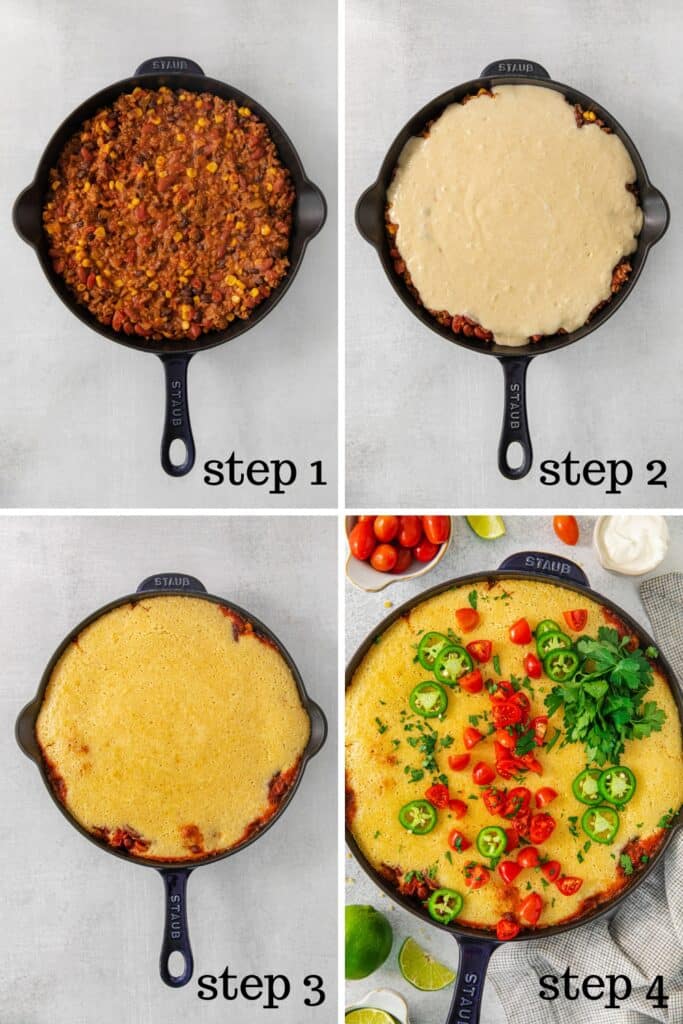 How to assemble cowboy cornbread casserole in a skillet.