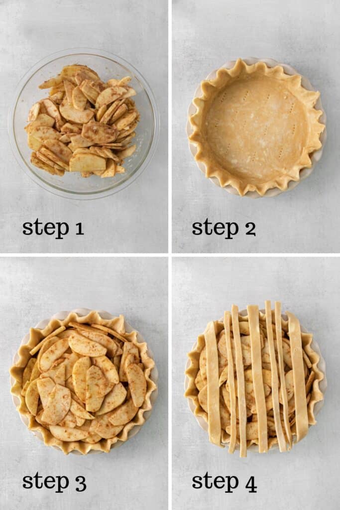 How to fill and lattice a pie crust for Grandmas homemade apple pie recipe.