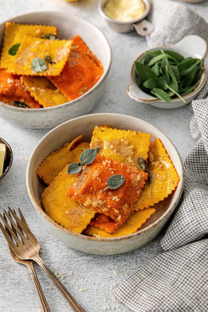 Butternut squash ravioli served with a luscious, sage brown-butter sauce.