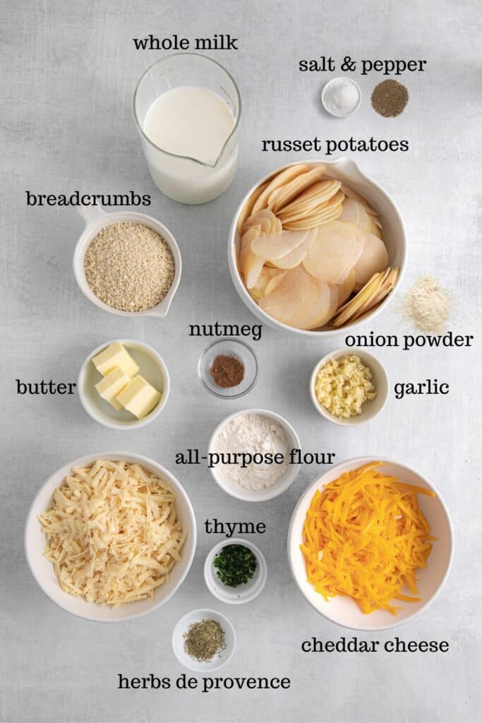 Ingredients for potatoes au gratin with gruyere cheese.