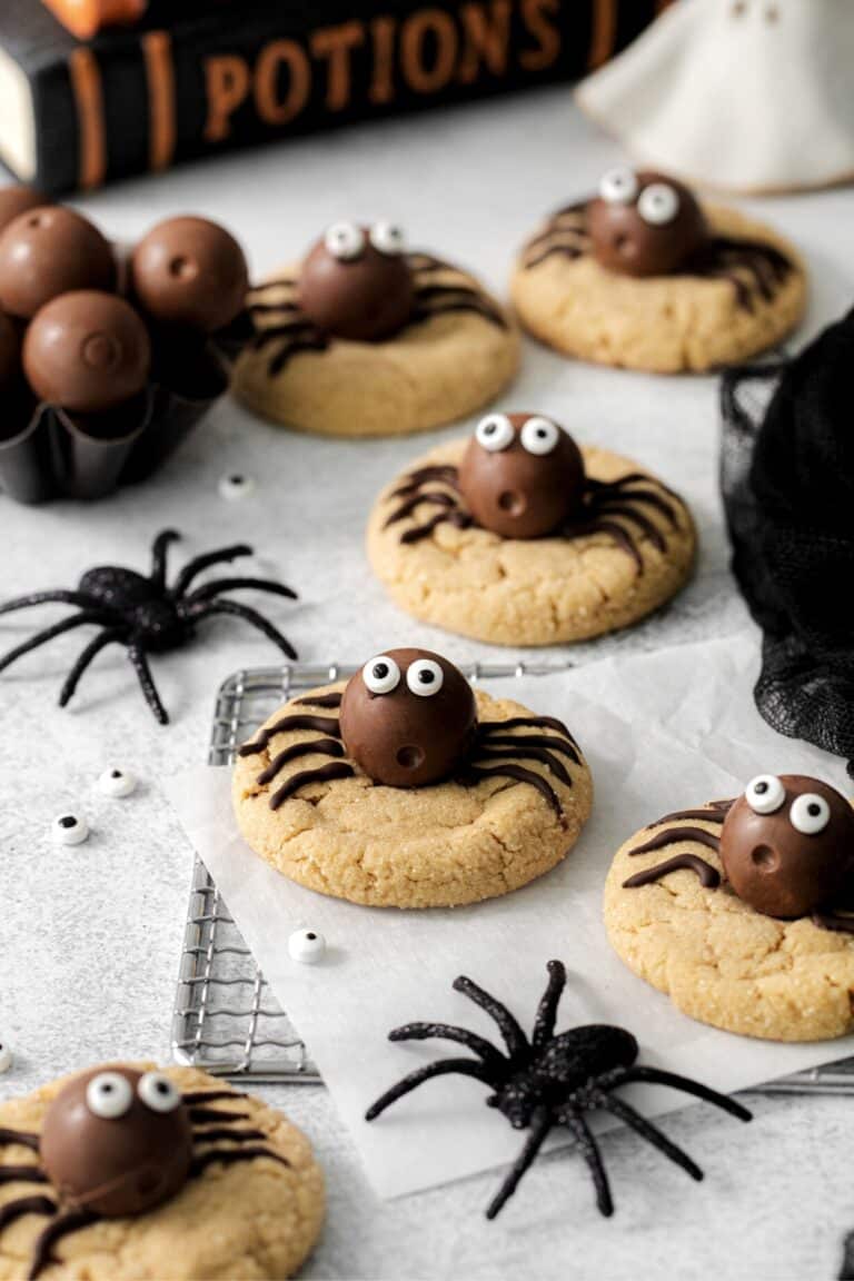 Halloween peanut butter spider cookies on a Halloween dessert table.