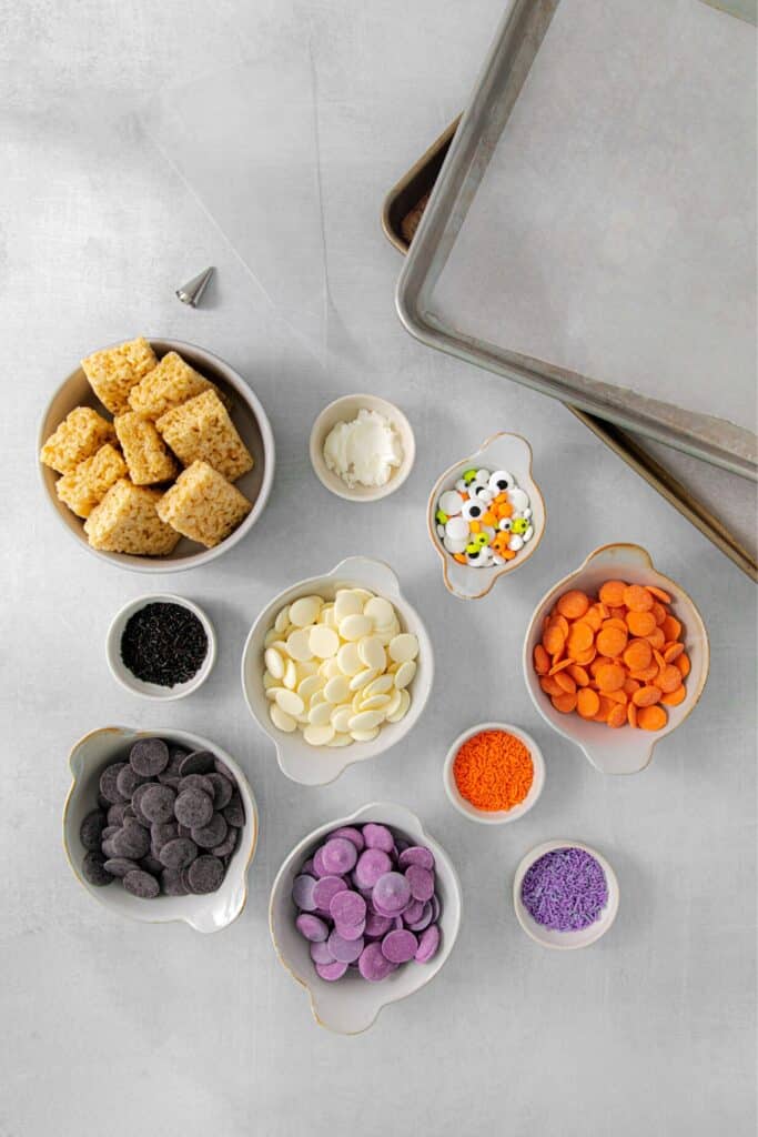 Ingredients and supplies for making Halloween Rice Krispie Treats.