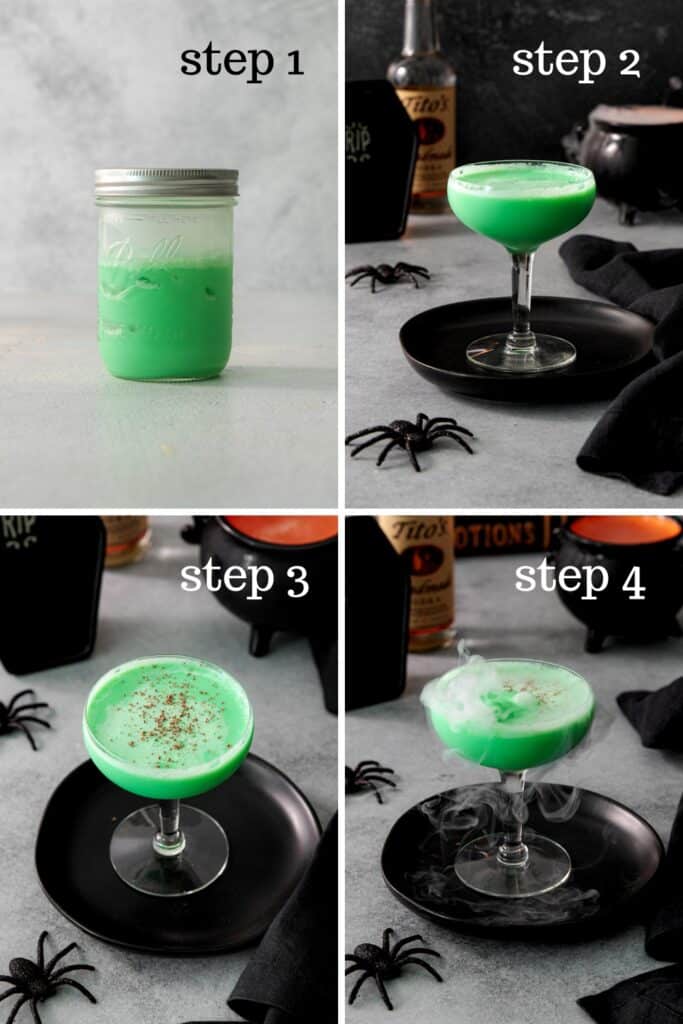 How to garnish and serve a Midnight Mint Halloween Martini in a cocktail glass.