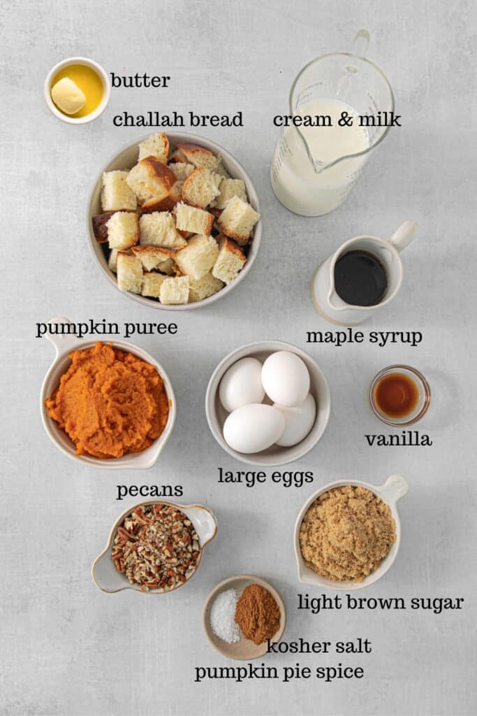 Ingredients for pumpkin bread pudding recipe.