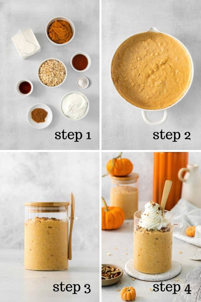 How to make pumpkin pie overnight oats, step by step.