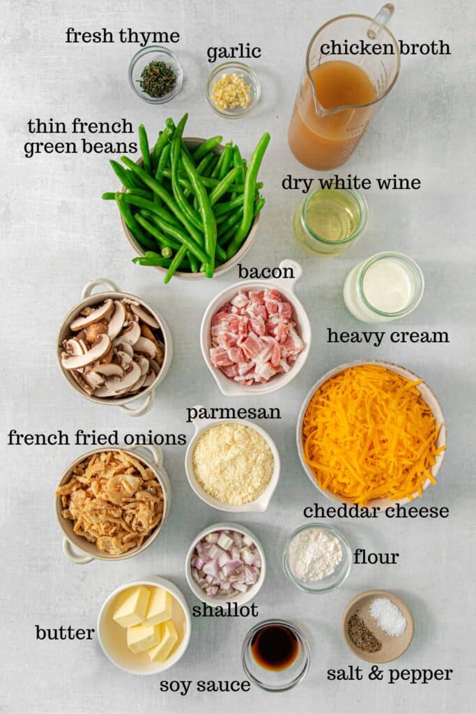 Ingredients for making cheesy green bean casserole with bacon.