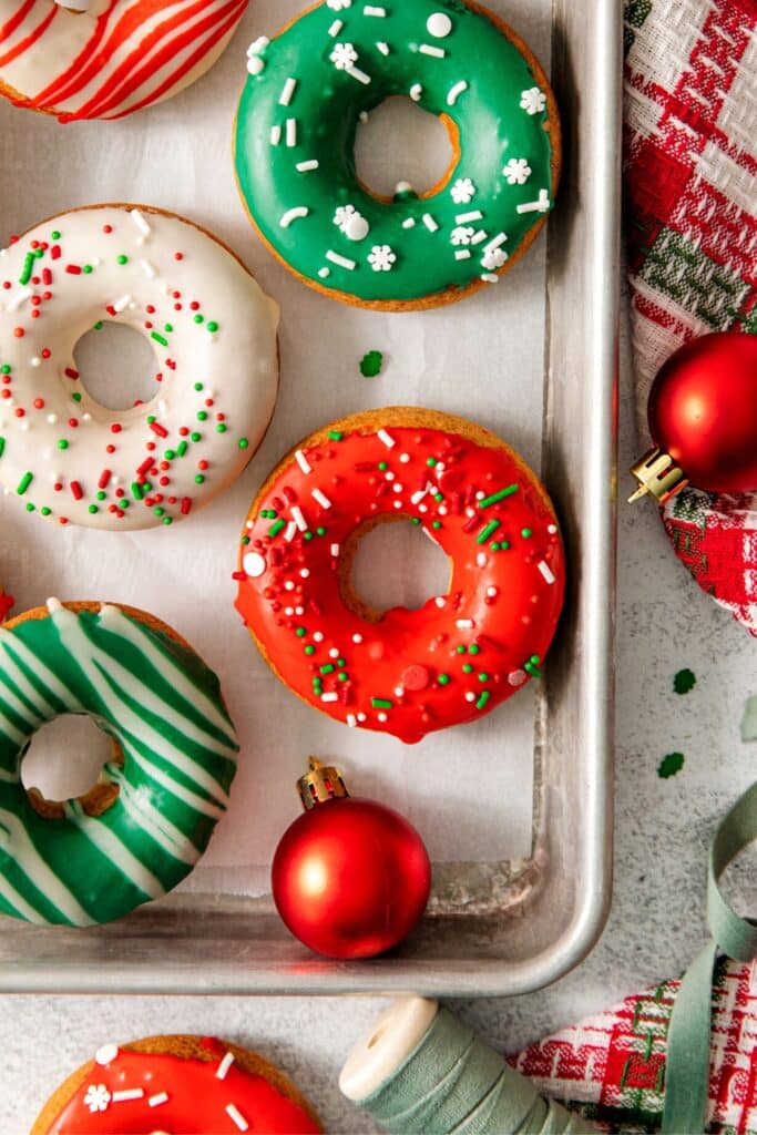 A tray of Christmas donuts.