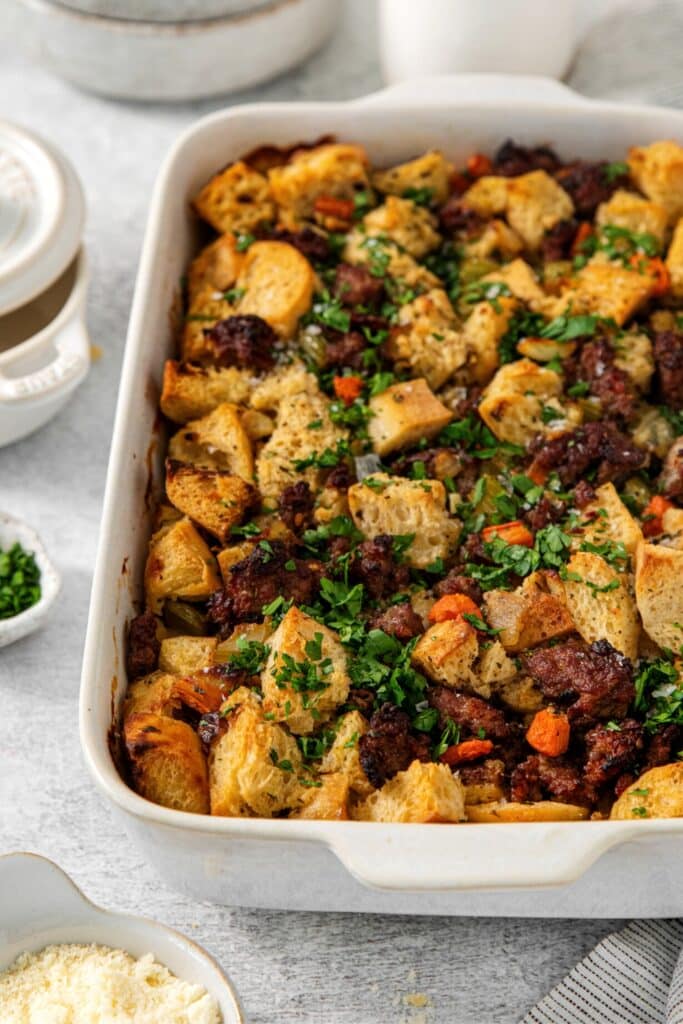 Italian sausage stuffing on a Thanksgiving table.