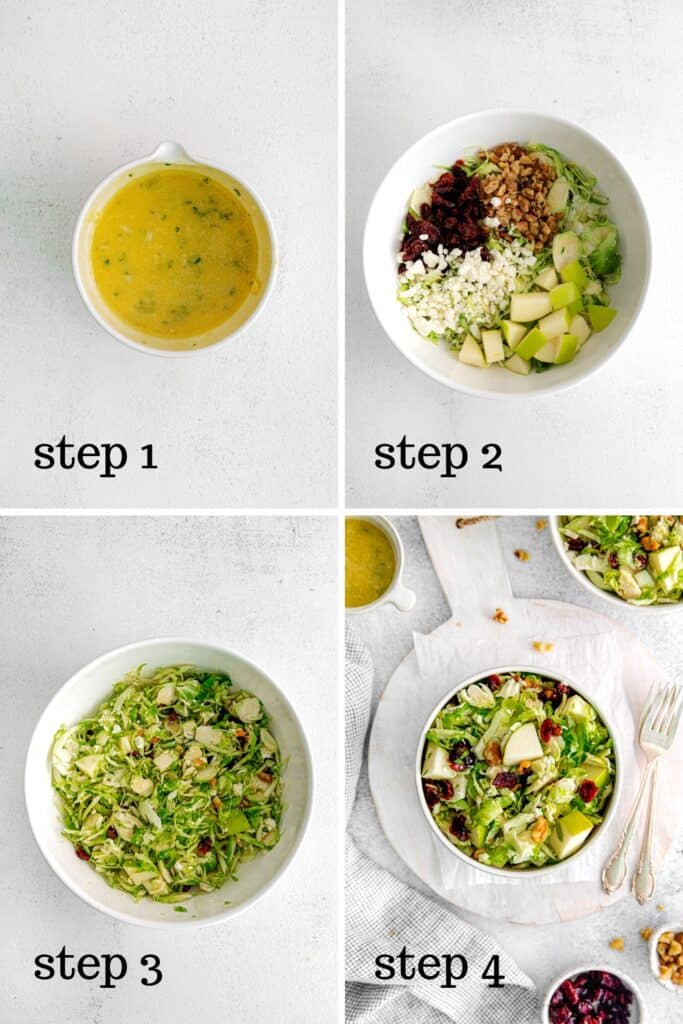 How to assemble a Brussel sprouts holiday salad with lemon vinaigrette, step by step.