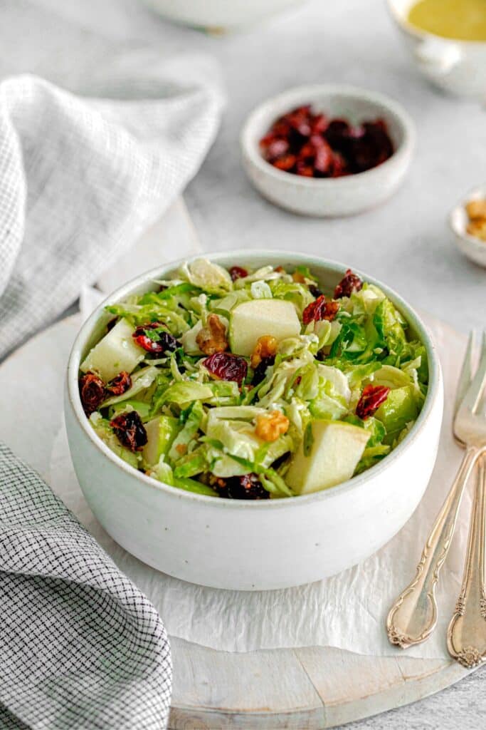 A serving of shaved Brussels sprout salad.