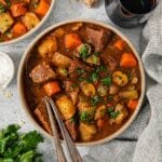 A bowl of old-fashioned Dutch oven beef stew.