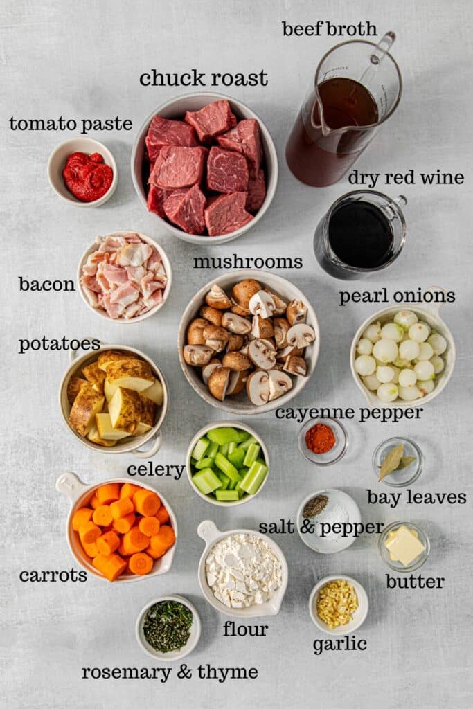 Ingredients for making old-fashioned, Dutch oven beef stew.