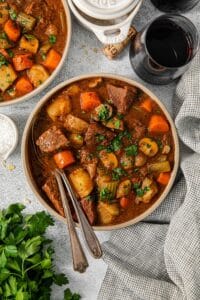 A bowl of old-fashioned Dutch oven beef stew.