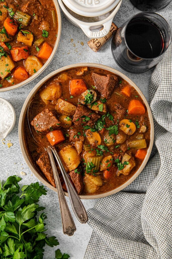 A bowl of old-fashioned, beef-and-potato, Dutch oven beef stew.