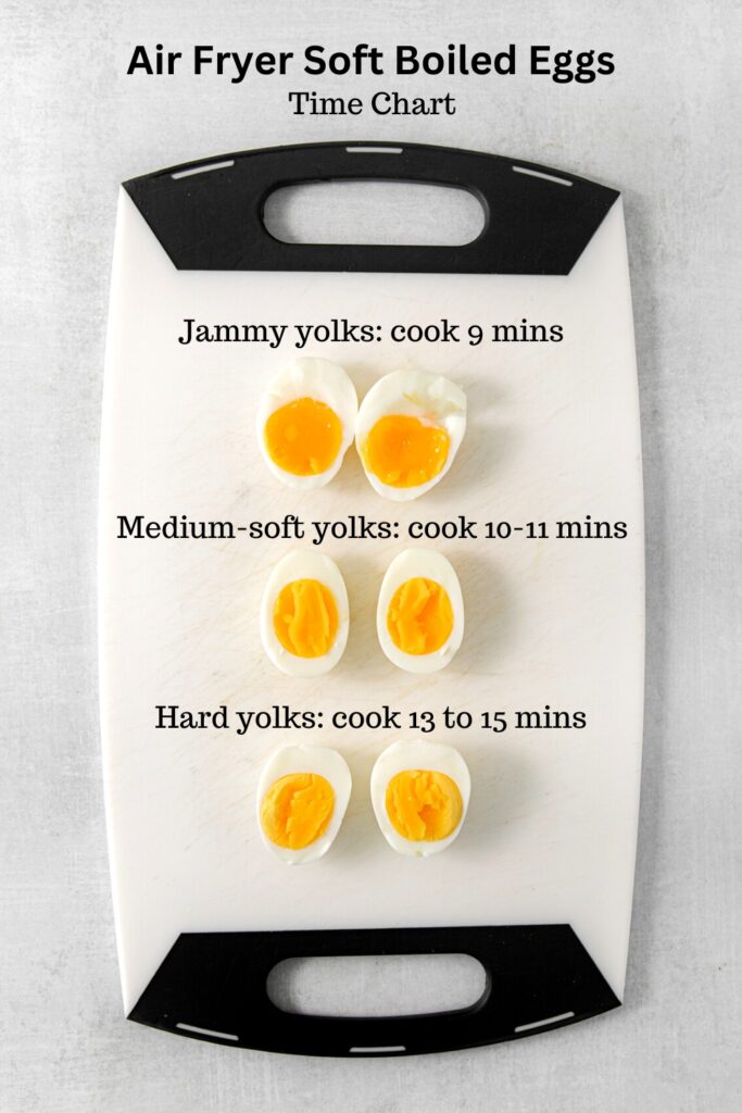 Cooking time chart for air fryer soft boiled eggs.