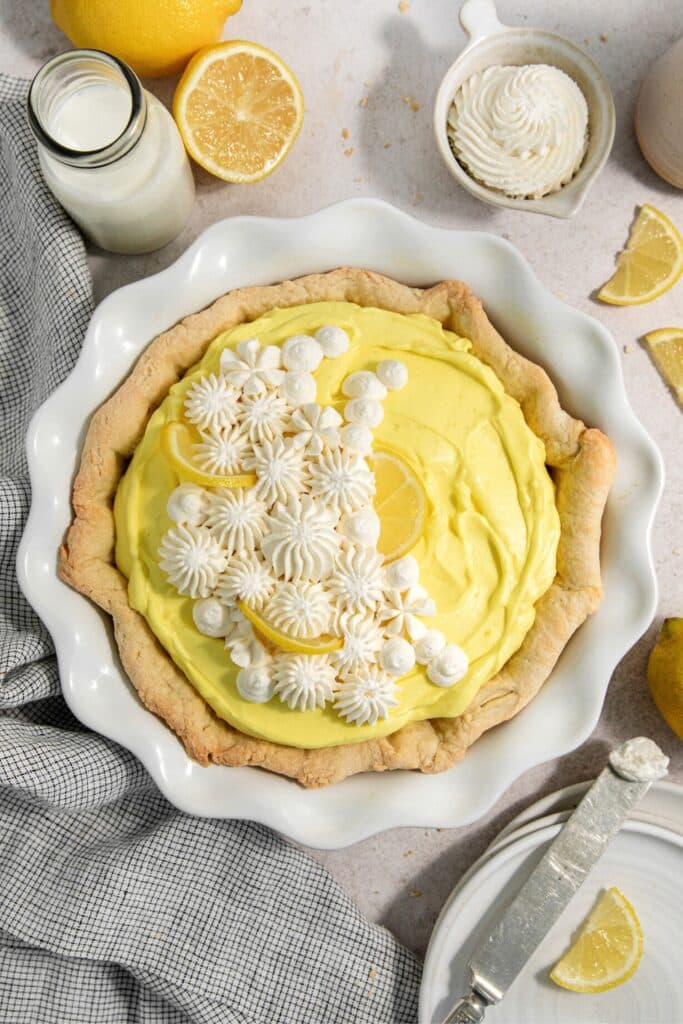 No-Bake Lemon Pie in a white ceramic pie plate.