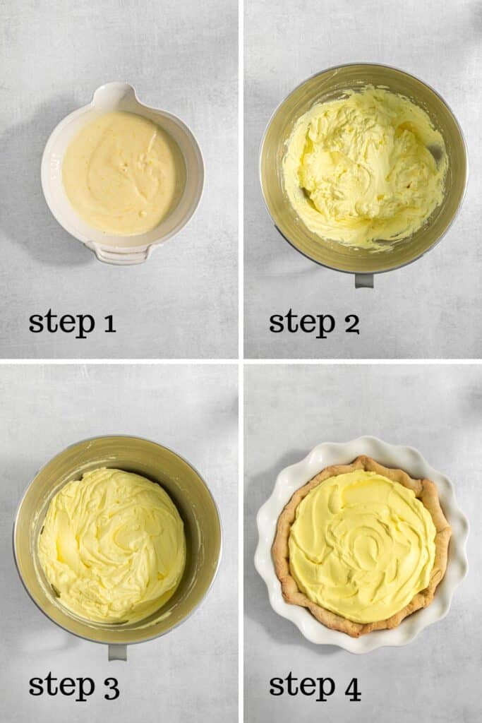 How to assemble a no-bake lemon pie from scratch, as shown in a collage of 4 images.
