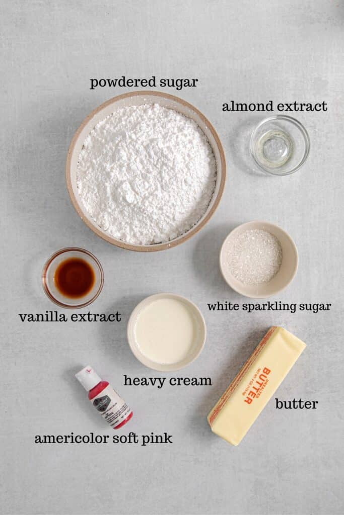 Ingredients to make the pink frosting for (copycat) Crumbl pink sugar cookies.