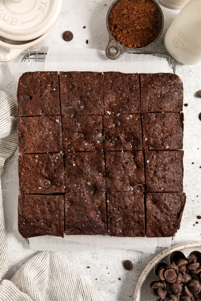 Slab of Hershey brownies cut into 16 squares.